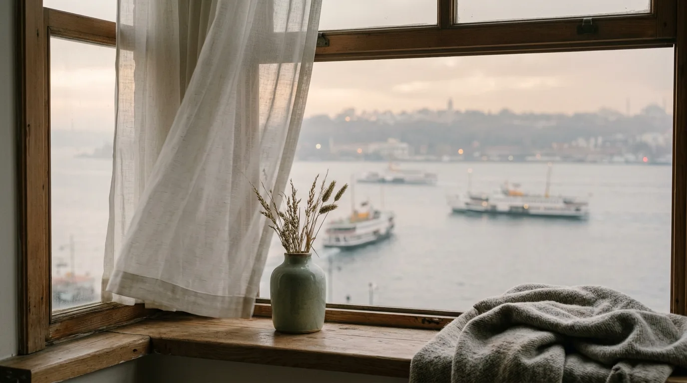 Keten perdenin ardından görünen, sabah ışığındaki dingin İstanbul Boğazı manzarası.