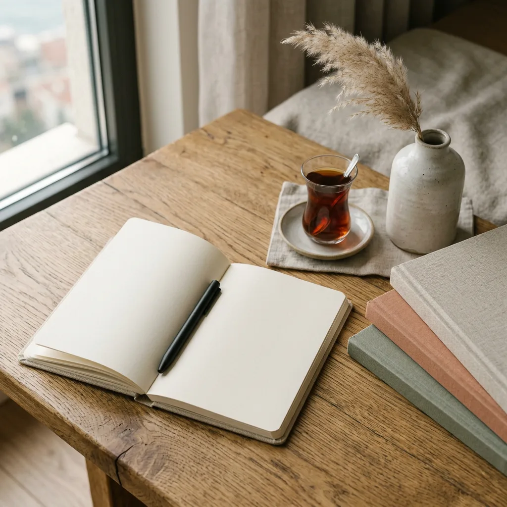 Meşe masanın üzerinde defter, kalem, kitaplar ve kuru otlu bir vazodan oluşan sakin bir kompozisyon.