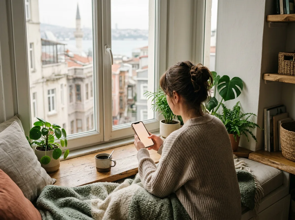 Pencere kenarında telefonuyla kendine uygun terapisti araştıran, sırtı dönük bir kişi.